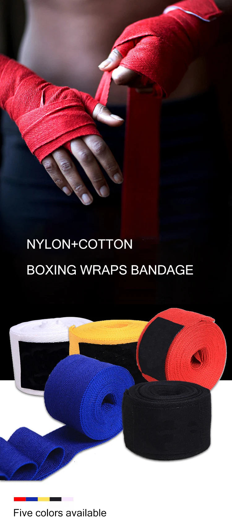 Lot de 2 bandages d'entraînement de boxe en coton (1,5/2/3/5 m) pour le sport, le kickboxing, le MMA et les gants de boxe. Ceinture et sangle de sport incluses.